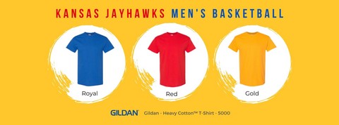 Rep your team for March Madness 2021 Kansas Jayhawks men's basketball colors Wholesale Gildan 5000 G500 heavy cotton t-shirt from Bulk Apparel.