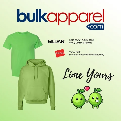 &quot;Lime Yours&quot; Hanes P170 wholesale hoodie and Gildan 5000 wholesale t-shirt in lime green from Bulk Apparel t-shirt warehouse 