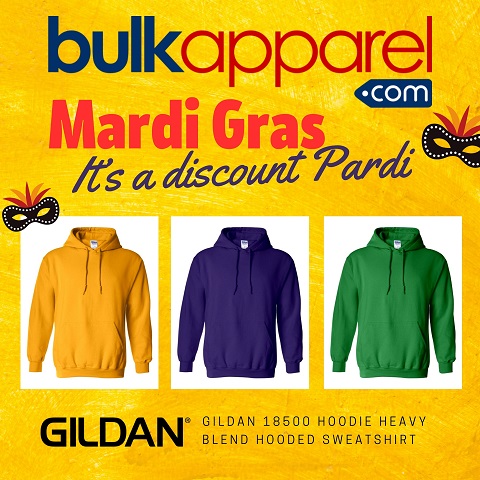 History of the three Mardi Gras colors by BulkApparel, featured Gildan wholesale hoodies in green, gold, and purple. 