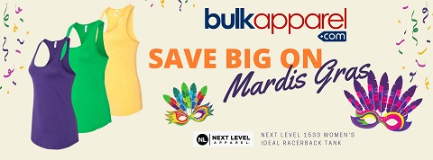 Save Big on Mardi Gras Bulk Apparel banner featuring wholesale Next Level 1533 Women's Ideal Racerback Tank