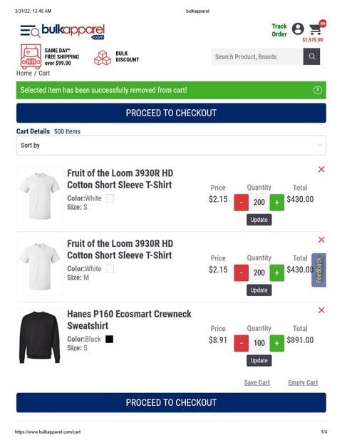 Example of Cart as PDF for School Purchase Order from bulk apparel wholesaler.