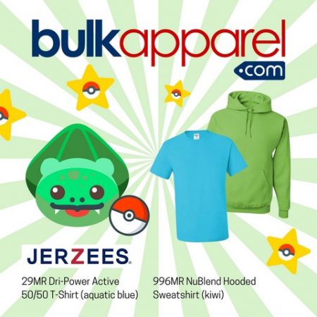 Bulbasaur themed promo from Bulk Apparel wholesaler featuring JERZEES wholesale apparel.
