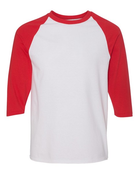 wholesale Gildan - Heavy Cotton™ Raglan Three-Quarter Sleeve T-Shirt - 5700 white red Bulk Apparel clothing wholesaler