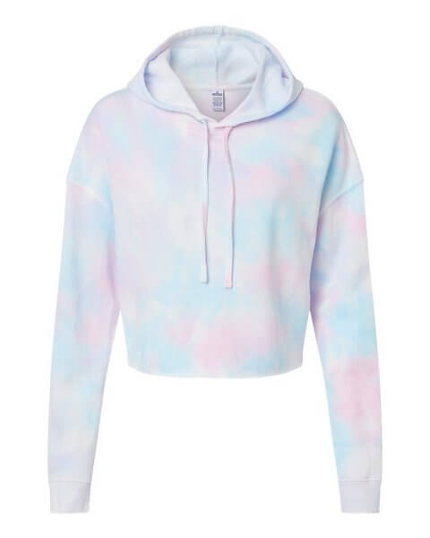 What are the 2024 apparel color trends? Featuring the wholesale Independent Trading Co. AFX64CRP Women's Lightweight Hooded Pullover Crop Sweatshirt in tie-dye cotton candy. 
