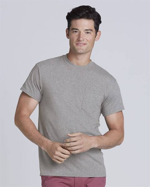 Where to find quality cheap shirts? Try the Gildan 8300 DryBlend t-shirt in various colors with a left chest pocket, showcasing the 50/50 cotton-polyester blend fabric for enhanced comfort and durability.