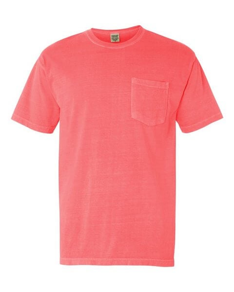 Wholesale Comfort Colors 6030 Garment Dyed Heavyweight Ringspun Short Sleeve Shirt with a Pocket in neon red orange. 