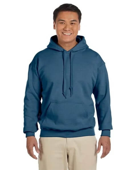 Staff fashion faves for 2022 by BulkApparel. Wholesale Gildan Heavy Blend™ Hooded Sweatshirt 18500 in indigo blue from Bulk Apparel wholesaler.