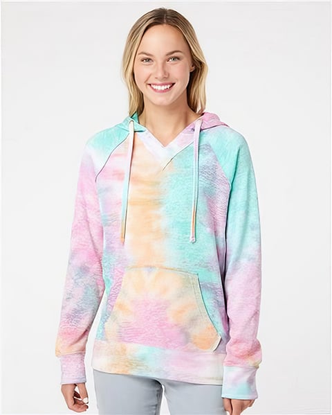 Wholesale tie dye apparel featuring the MV Sport W1162 Women's Courtney Burnout V-Notch Sweatshirt from bulkapparel.