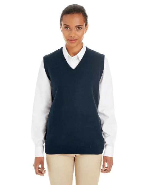 Women's workwear featuring the harriton m415w ladies' pilbloc v-neck sweater vest