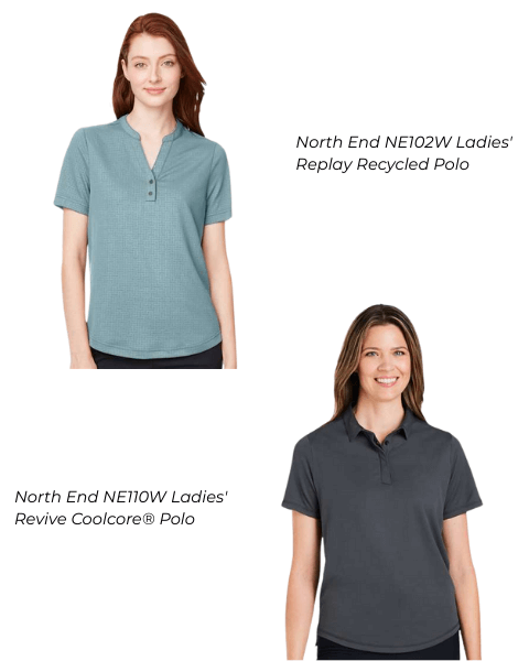 North End NE102W Ladies' Replay Recycled Polo and North End NE110W Ladies' Revive Coolcore® Polo