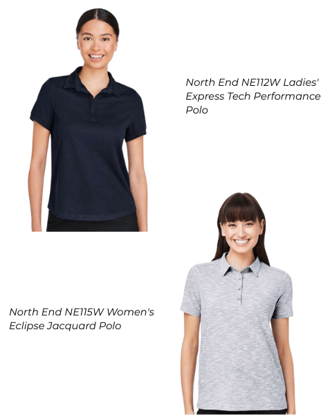 North End NE112W Ladies' Express Tech Performance Polo and North End NE115W Women's Eclipse Jacquard Polo