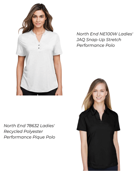 Women's polos North End NE100W Ladies' JAQ Snap-Up Stretch Performance Polo and North End 78632 Ladies' Recycled Polyester Performance Pique Polo